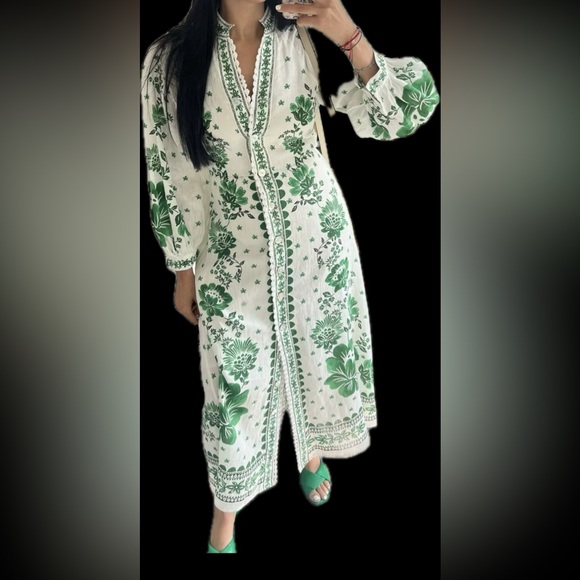 Magaschoni Green Forest Floral Linen Dress size Small - Picture 4 of 16